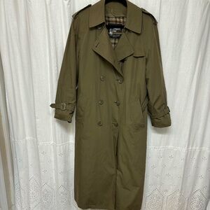 Women's Vintage London Fog Olive Green Long Trench Coat Plaid Interior Size 8
